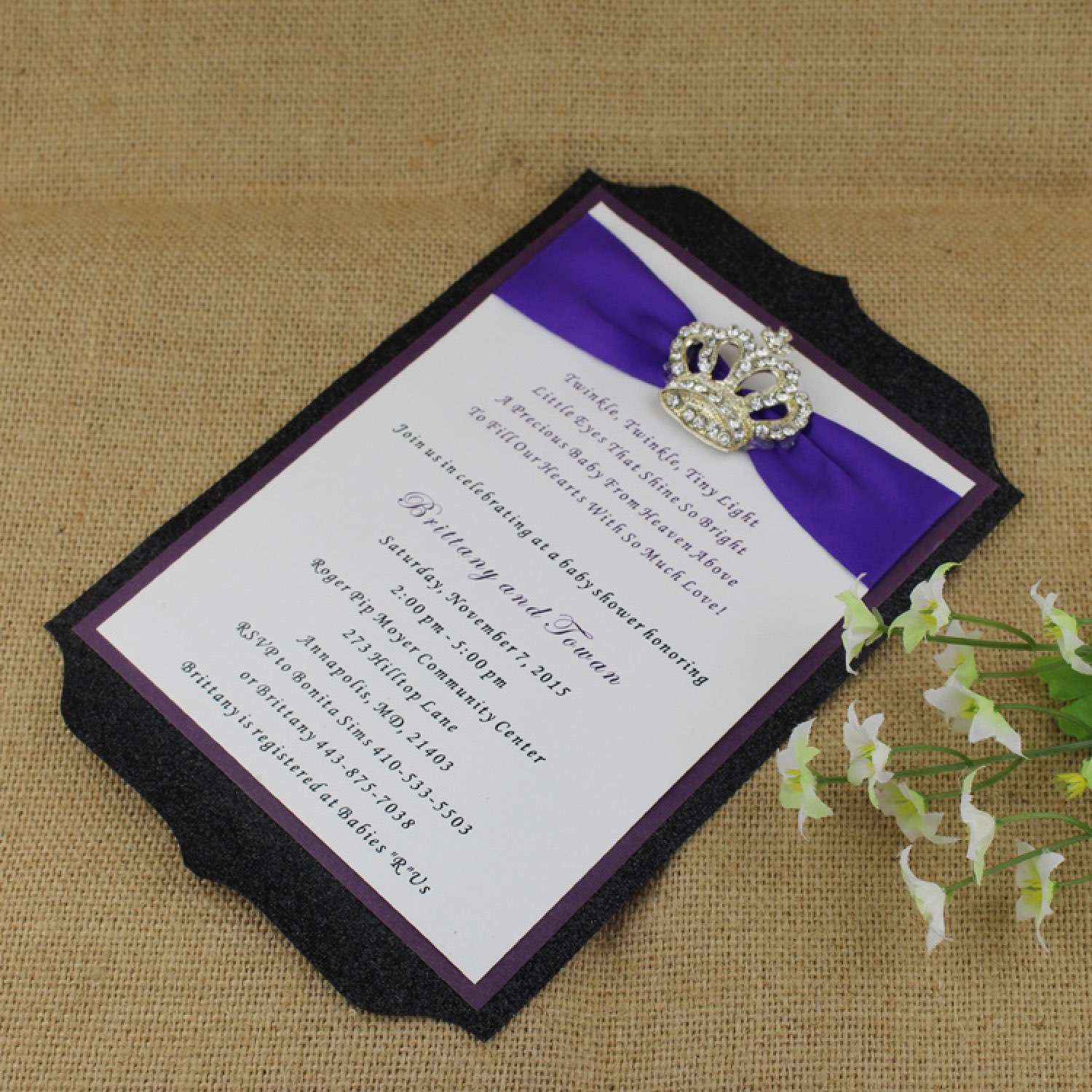 Purple Invitation Card with Crown Buckle Glitter Baby Shower Honoring Invitation